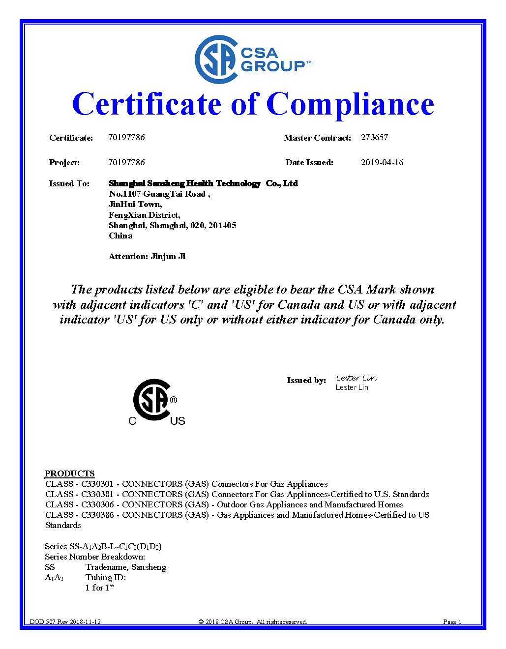 gas connector  CSA certificate